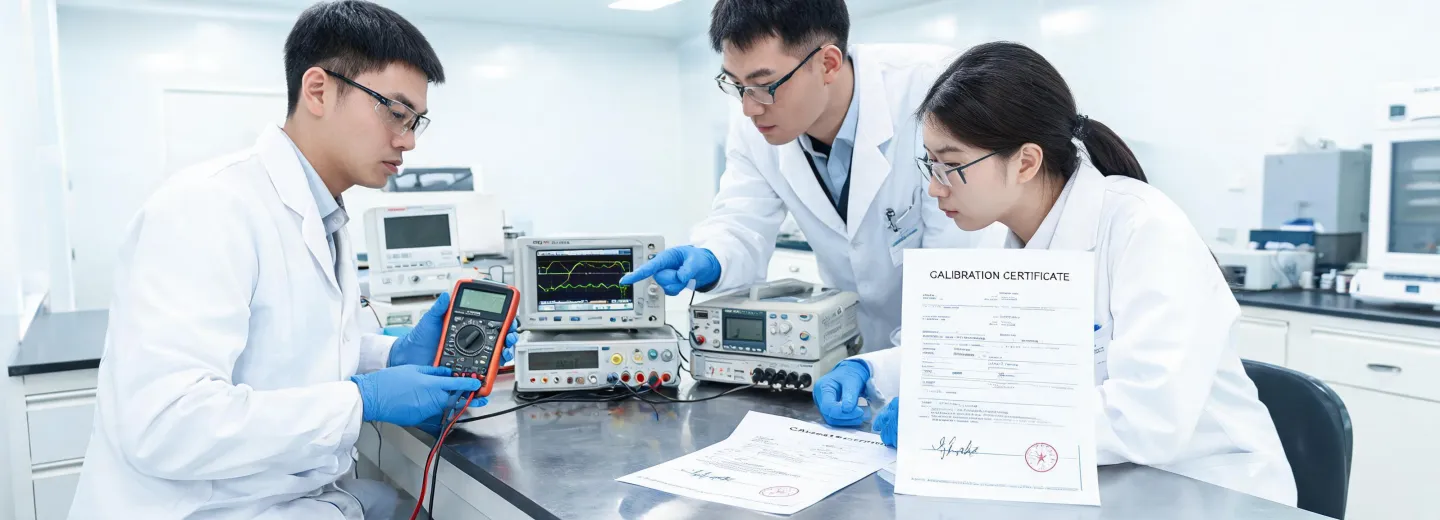 Calibration team reviewing test instruments in a lab