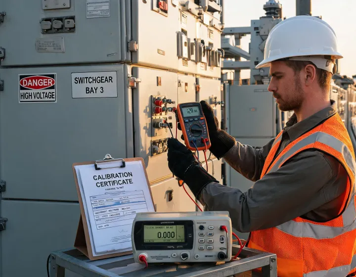 Engineer measuring substation switchgear with calibrated instruments