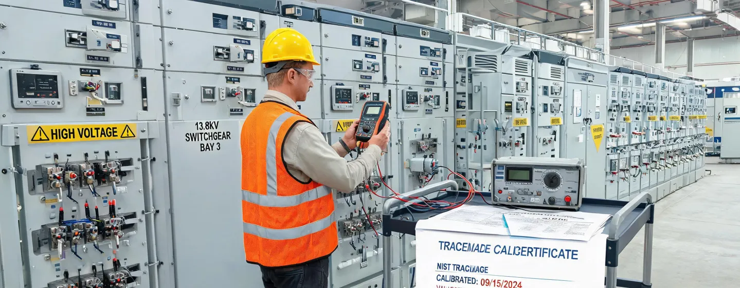 Engineer using test instruments at a substation bay